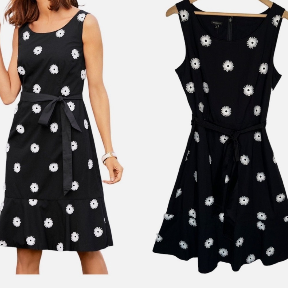 EUC Talbots 12P Petite Black & White Daisy-Dot Dress — Tie-Waist, Flounce Hem - Picture 4 of 8